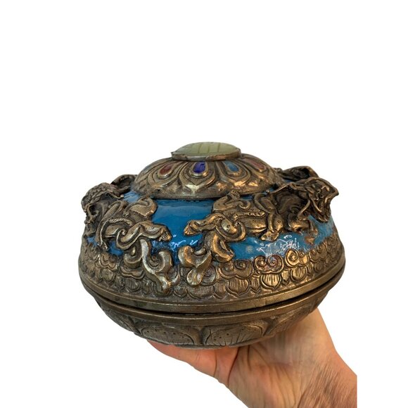 VTG Handcrafted Tibetan Insense Metal Bowl With Lid Enamel 8 X 5 B9033 Trinket - Picture 3 of 13